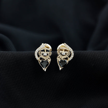 Heart Shape Black Onyx and Diamond Cat Stud Earrings