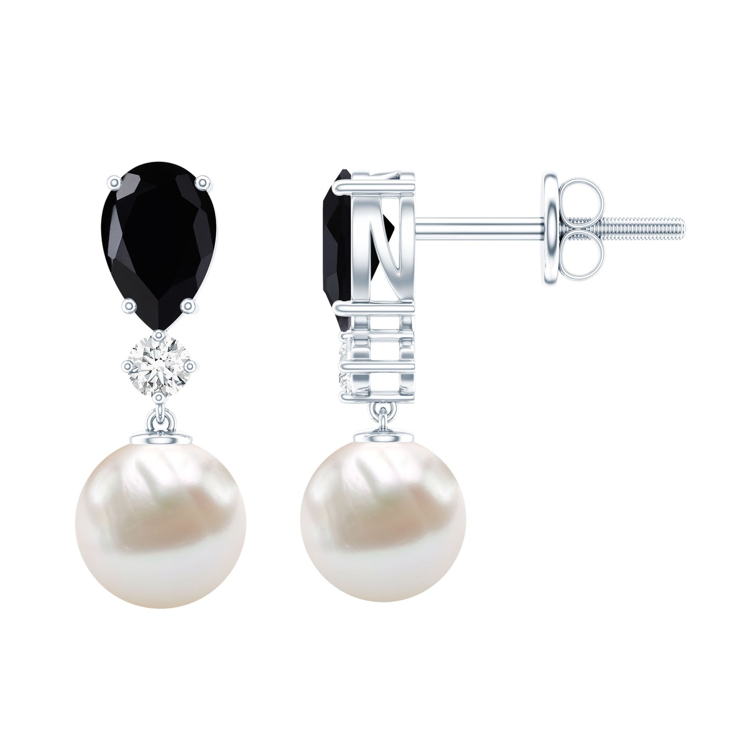 Natural Elegant Pearl Dangle Earrings with Black Onyx