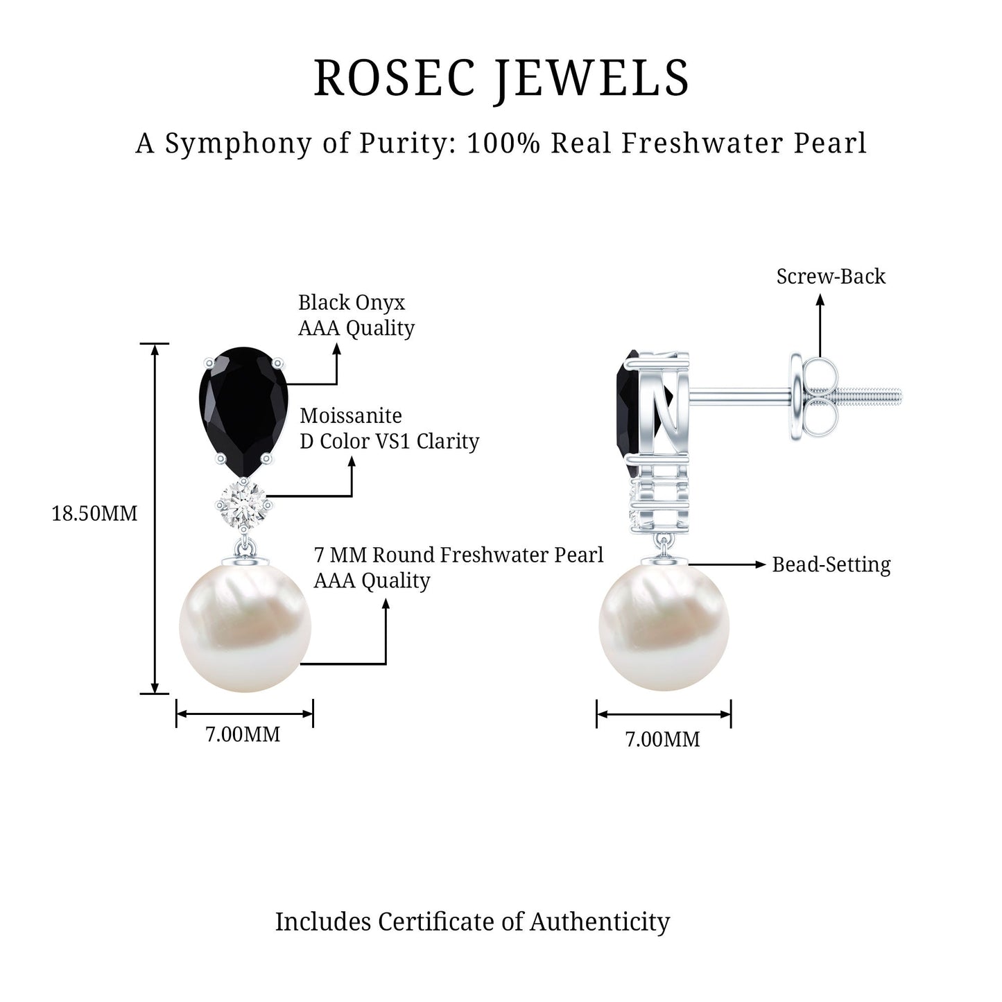 6 Carat Freshwater Pearl Drop Earrings with Black Onyx