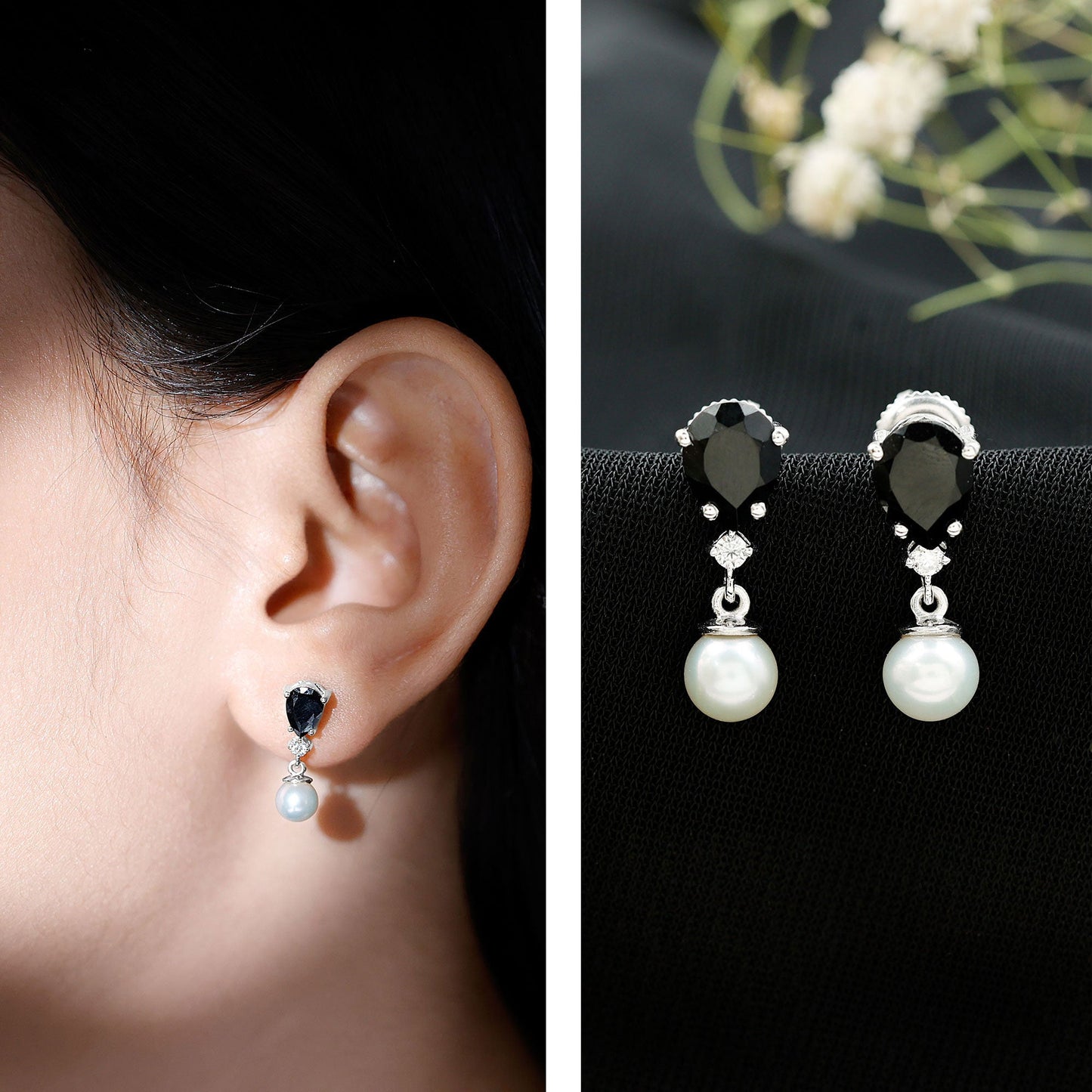 6 Carat Freshwater Pearl Drop Earrings with Black Onyx