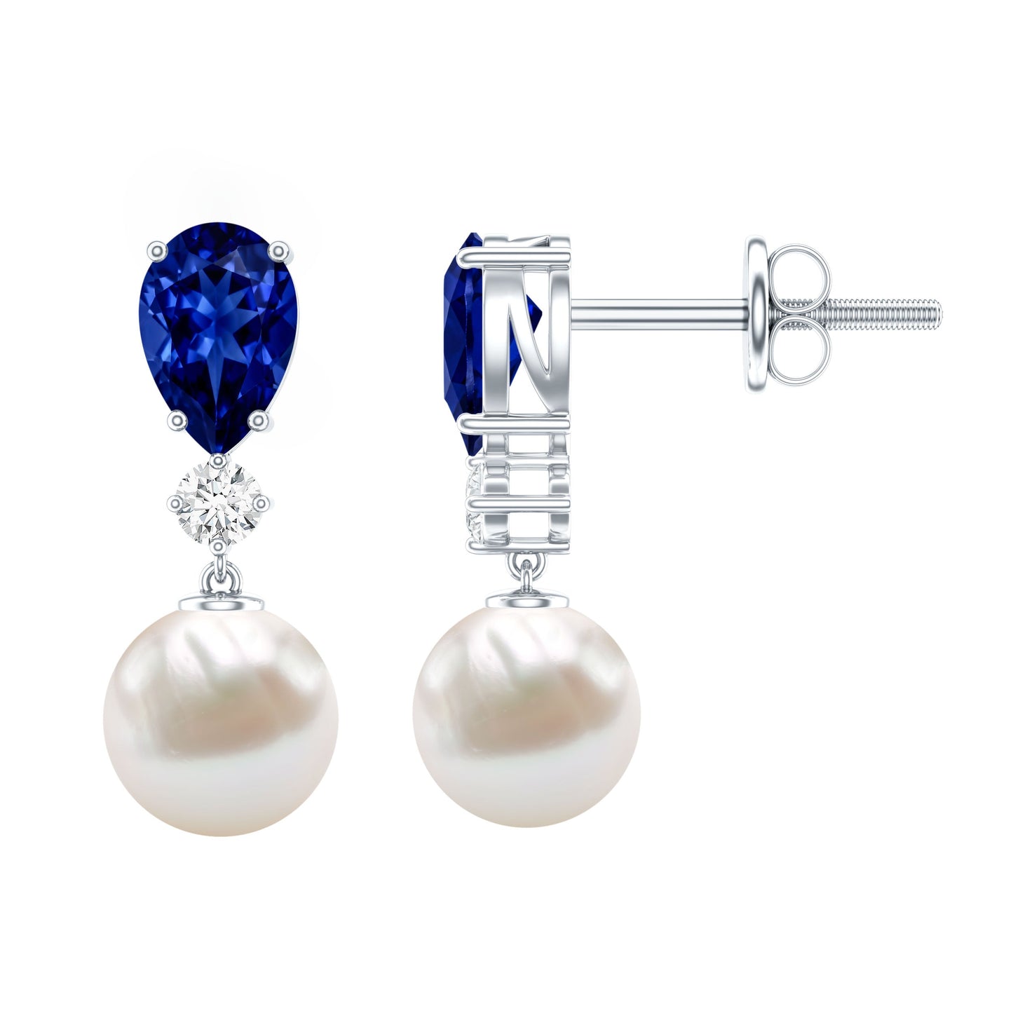 Natural 4 Carat Freshwater Pearl Drop Dangle Earrings with Lab Blue Sapphire