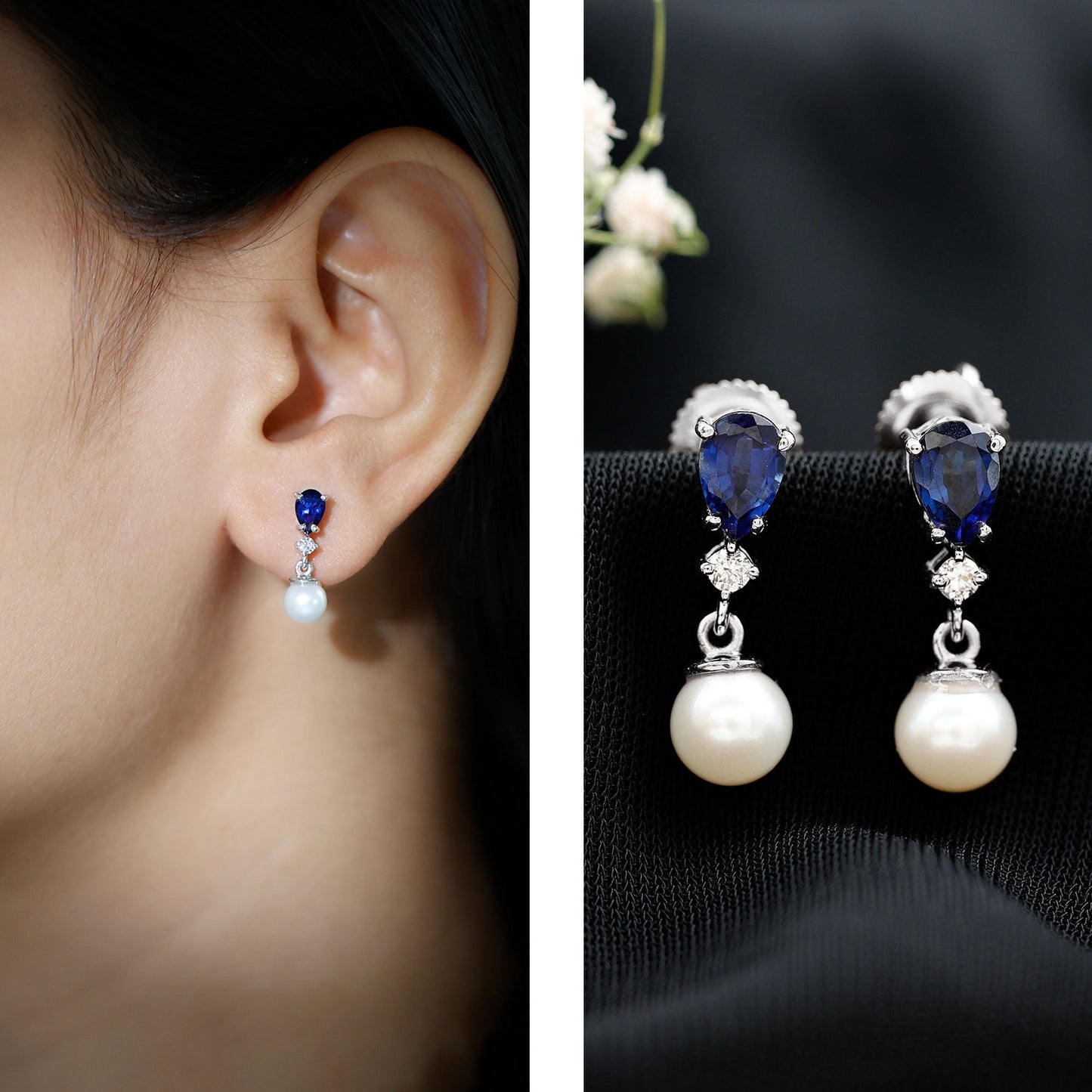 Natural 4 Carat Freshwater Pearl Drop Dangle Earrings with Lab Blue Sapphire
