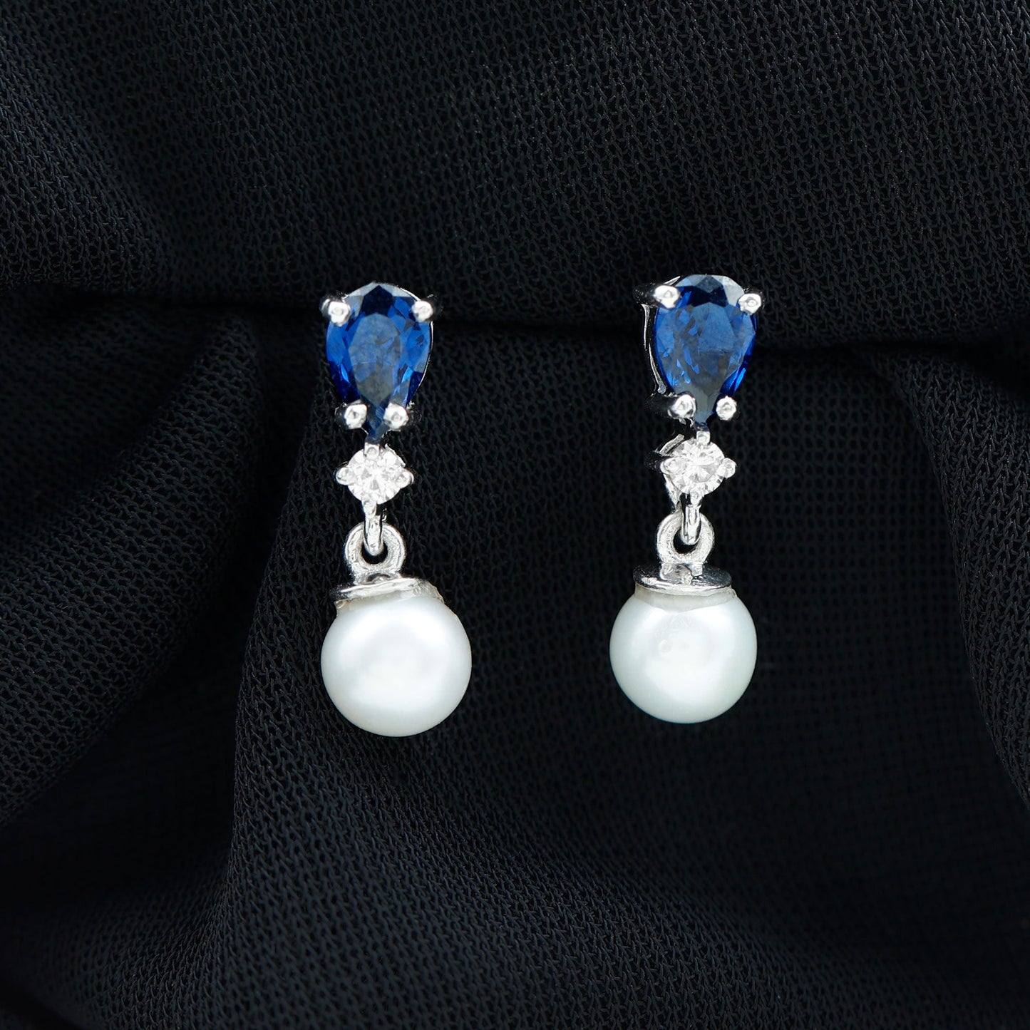 Natural 4 Carat Freshwater Pearl Drop Dangle Earrings with Lab Blue Sapphire