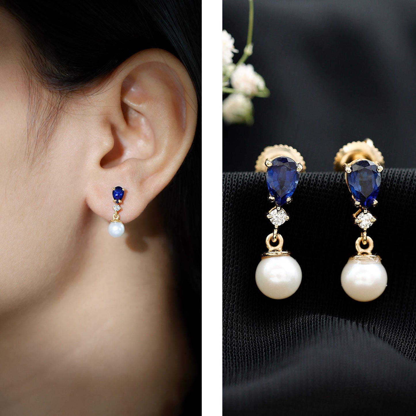 Natural 4 Carat Freshwater Pearl Drop Dangle Earrings with Lab Blue Sapphire