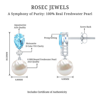 Handpicked Pearl Drop Earrings with Aquamarine and Moissanite