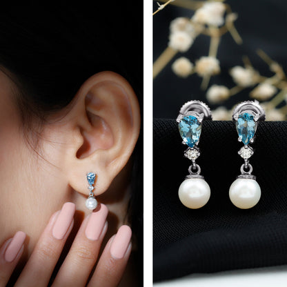 Handpicked Pearl Drop Earrings with Aquamarine and Moissanite