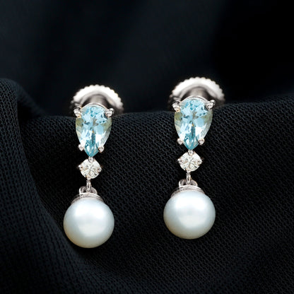 Handpicked Pearl Drop Earrings with Aquamarine and Moissanite