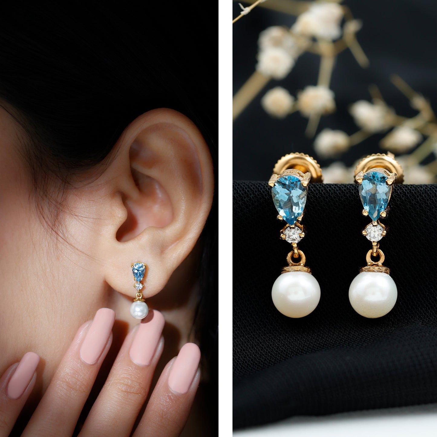 Handpicked Pearl Drop Earrings with Aquamarine and Moissanite
