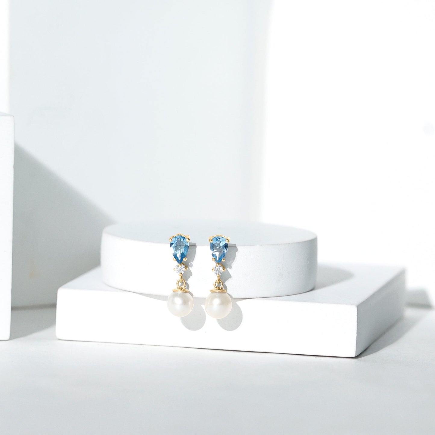 Handpicked Pearl Drop Earrings with Aquamarine and Moissanite