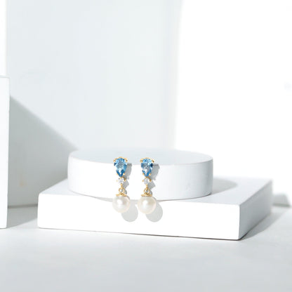 Handpicked Pearl Drop Earrings with Aquamarine and Moissanite