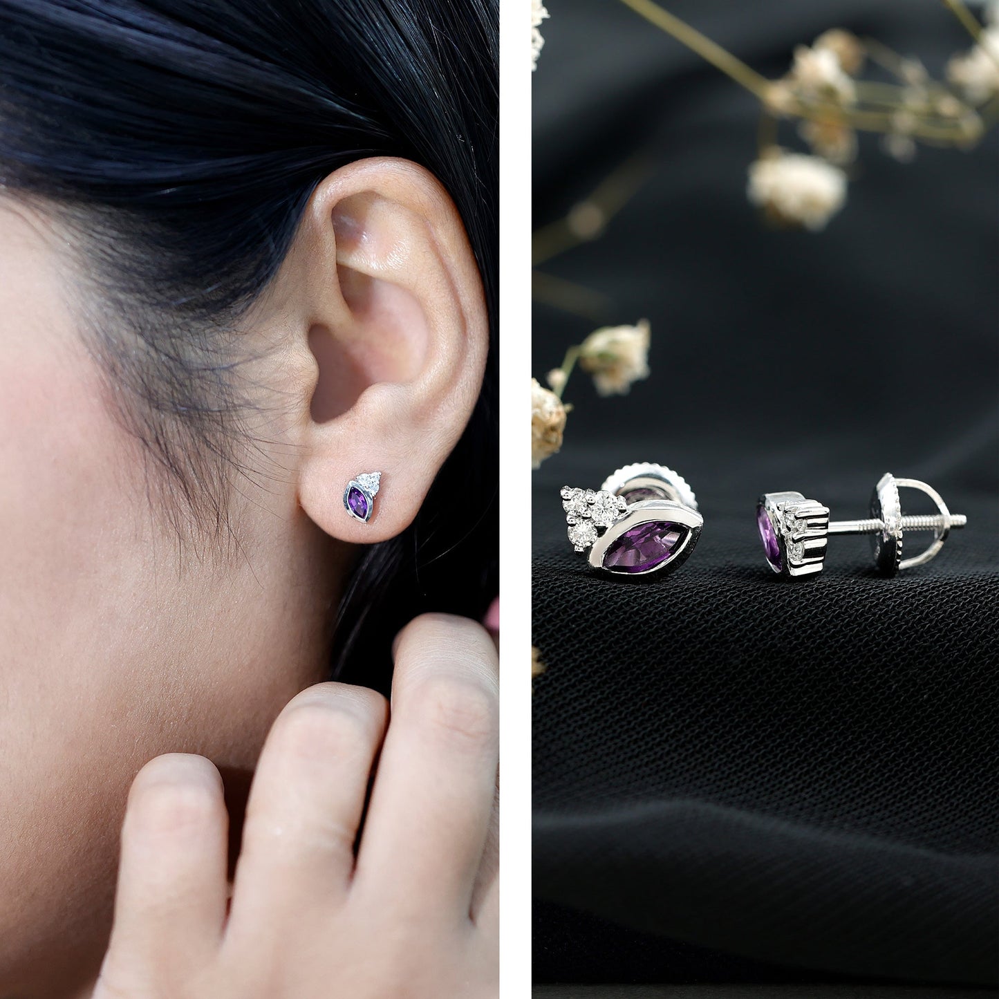 Marquise Cut Amethyst Stud Earrings with Lab Diamond in Sterling Silver