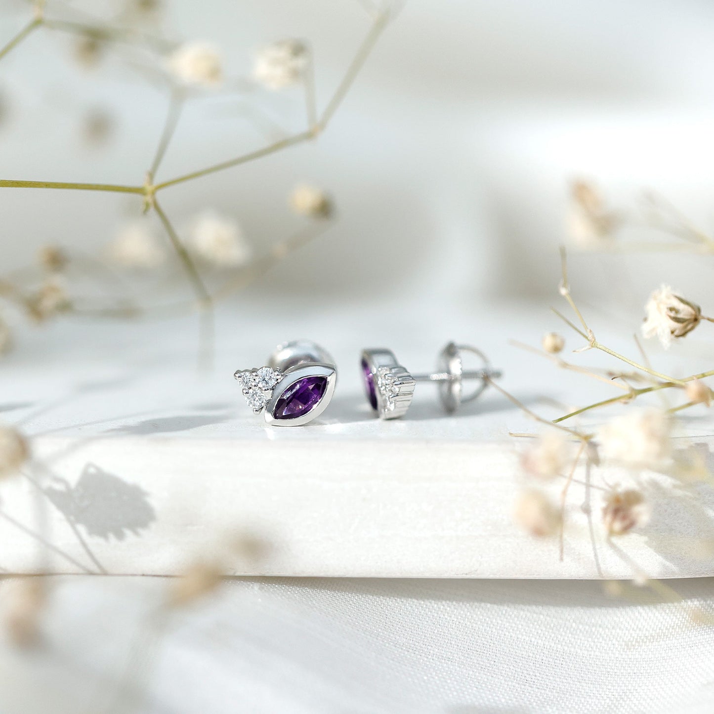 Marquise Cut Amethyst Stud Earrings with Lab Diamond in Sterling Silver