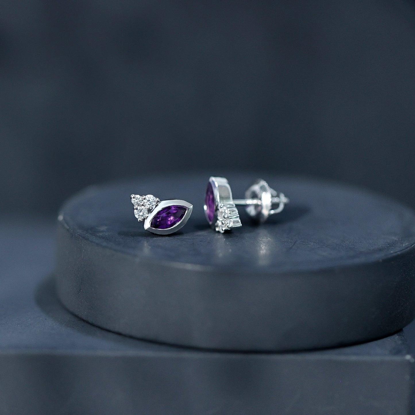 Marquise Cut Amethyst Stud Earrings with Lab Diamond in Sterling Silver