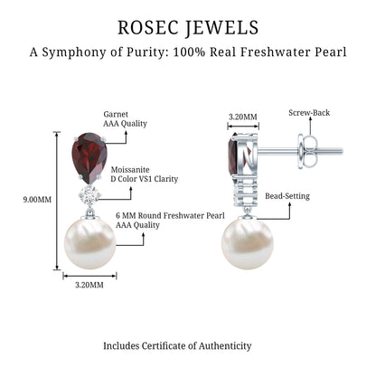 Genuine Freshwater Pearl Drop Earrings with Garnet