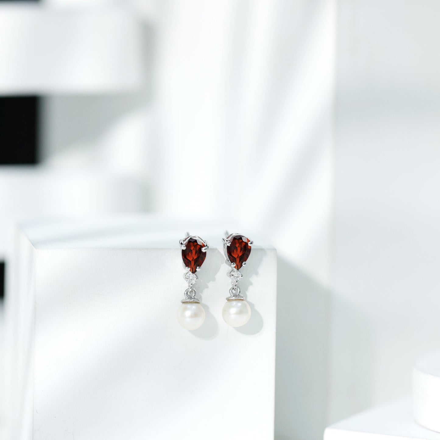 Genuine Freshwater Pearl Drop Earrings with Garnet