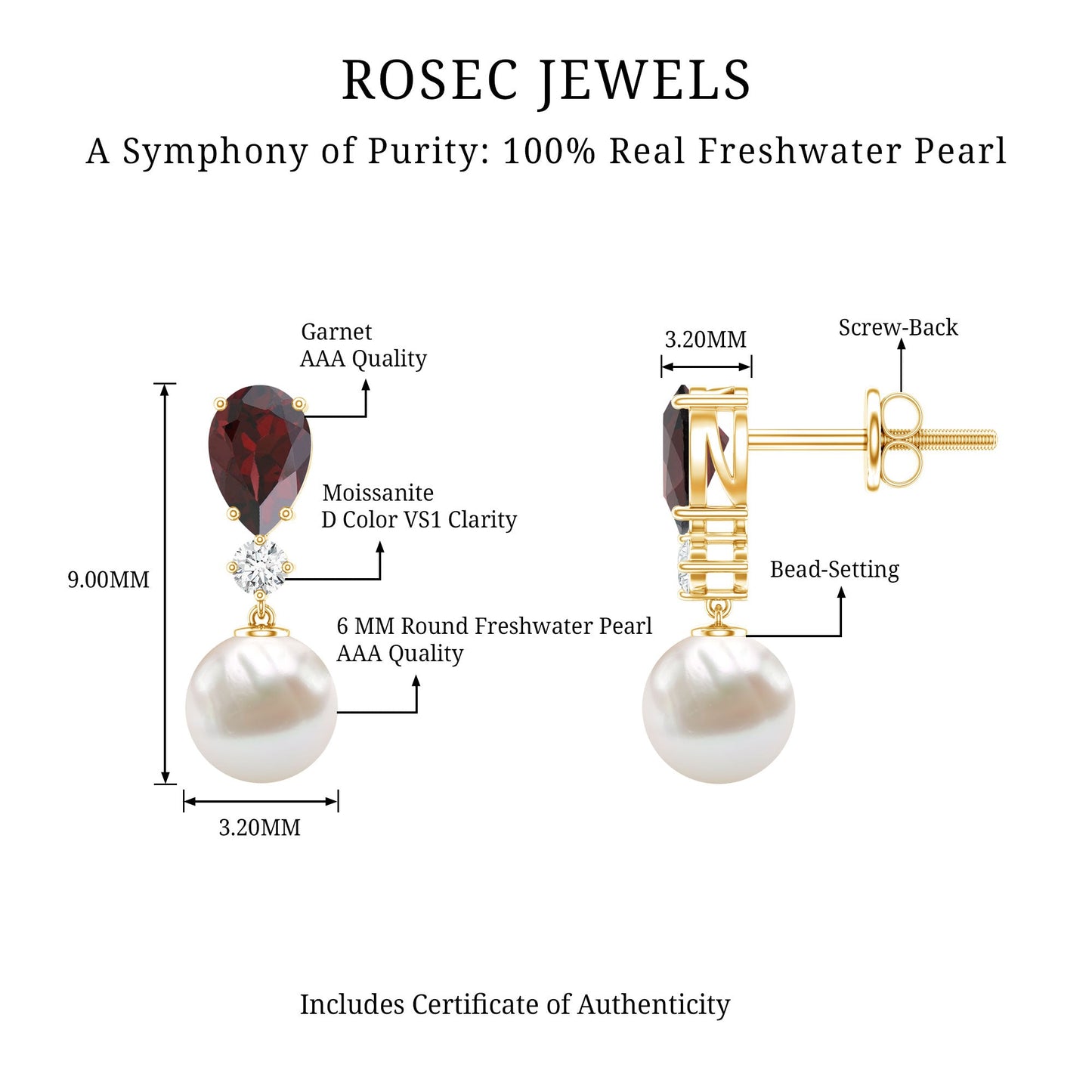 Genuine Freshwater Pearl Drop Earrings with Garnet