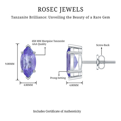 1.3 Carat Marquise Cut Tanzanite Solitaire Stud Earrings