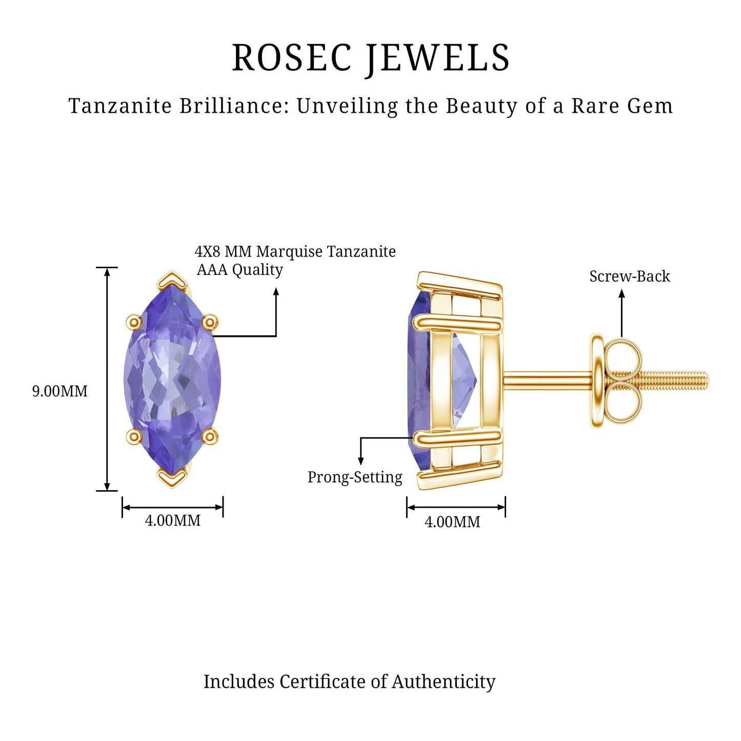 1.3 Carat Marquise Cut Tanzanite Solitaire Stud Earrings