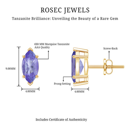 1.3 Carat Marquise Cut Tanzanite Solitaire Stud Earrings
