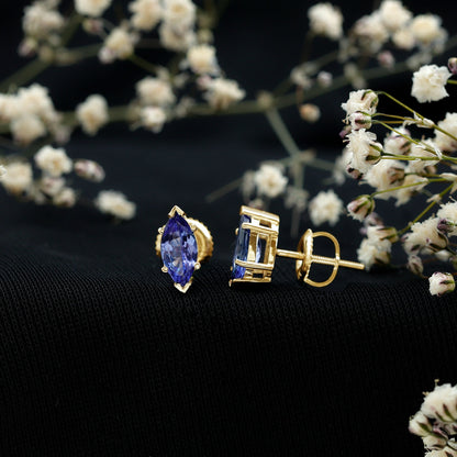 1.3 Carat Marquise Cut Tanzanite Solitaire Stud Earrings