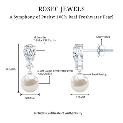 Moissanite and Freshwater Pearl Dangle Drop Earrings
