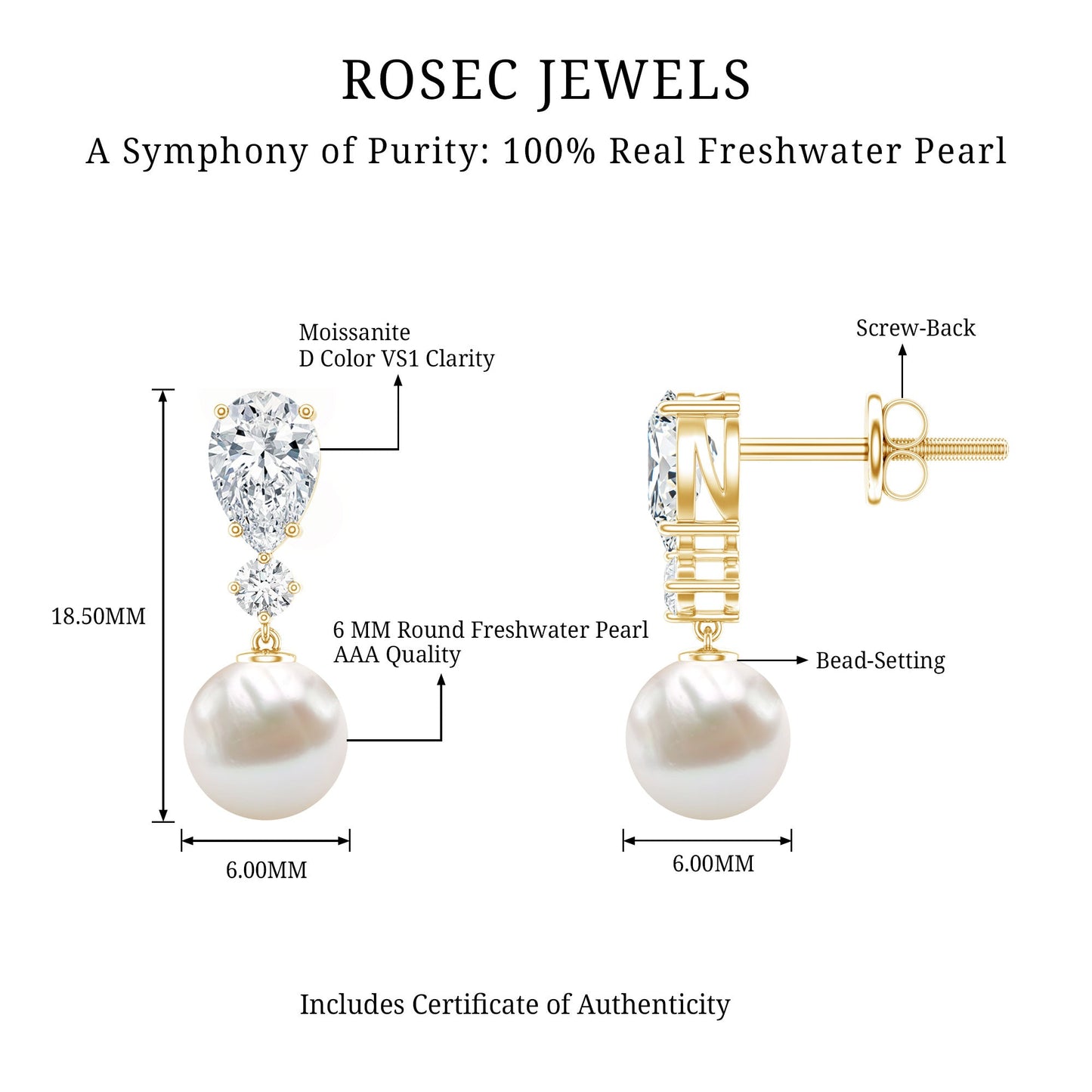 Moissanite and Freshwater Pearl Dangle Drop Earrings