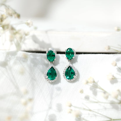 Lab Created Emerald and Diamond Bridal Drop Earrings with Certificate