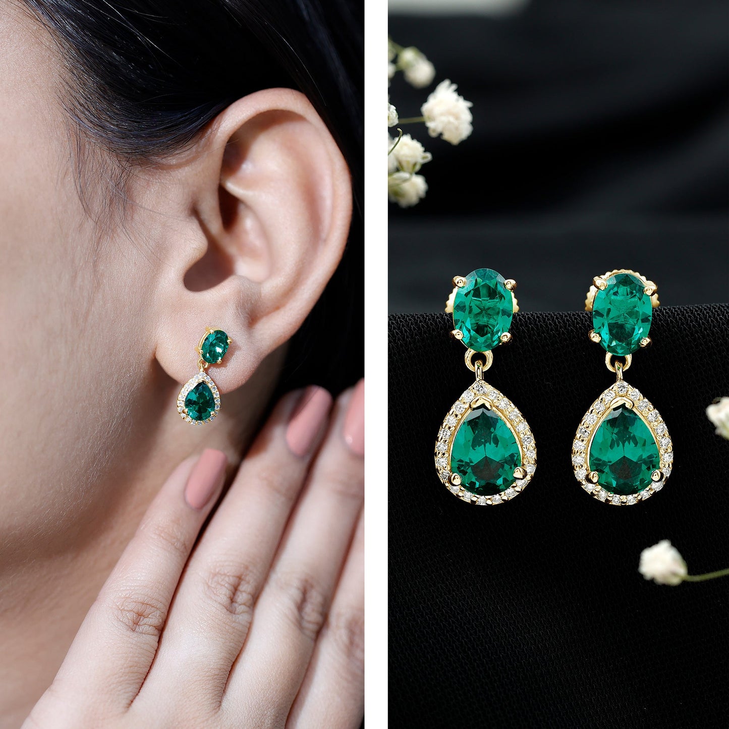 Lab Created Emerald and Diamond Bridal Drop Earrings with Certificate