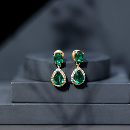 Lab Created Emerald and Diamond Bridal Drop Earrings with Certificate