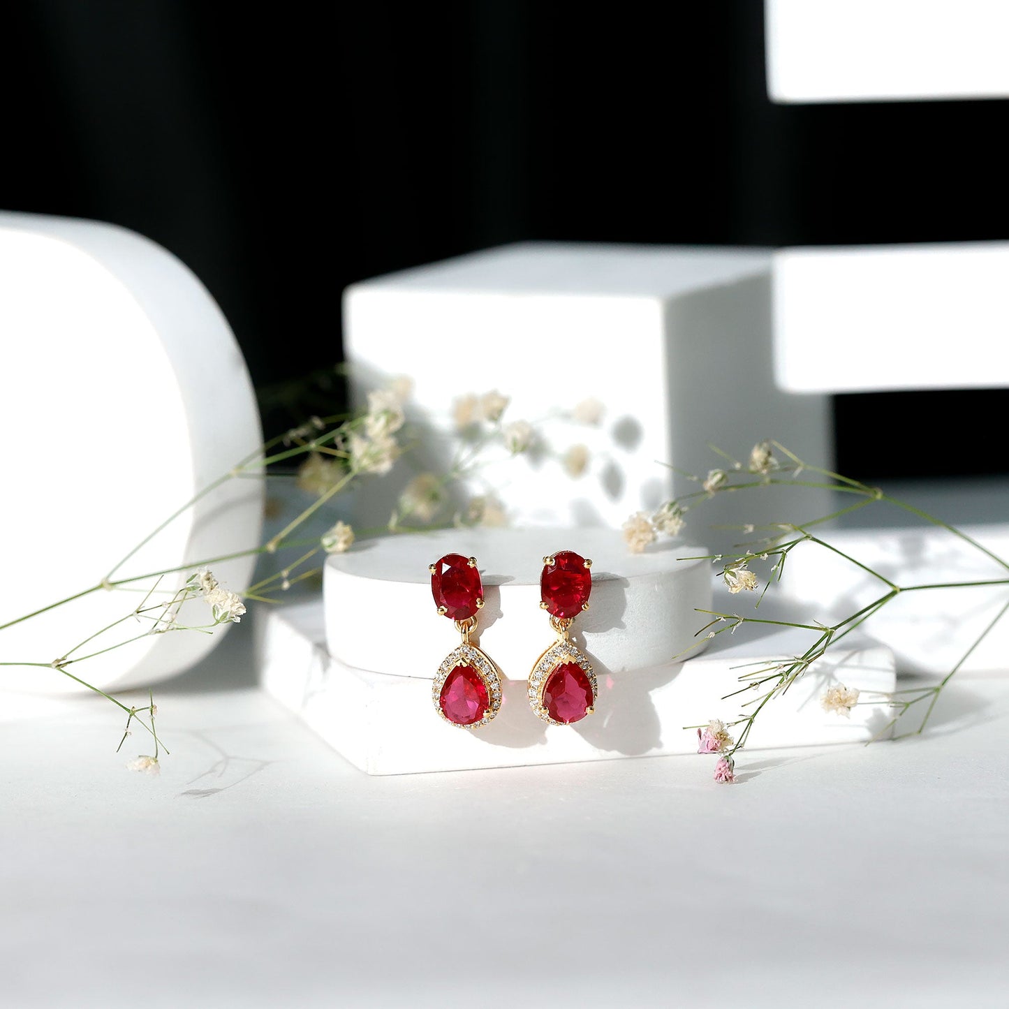 Lab Created Ruby and Diamond Dangle Drop Earrings