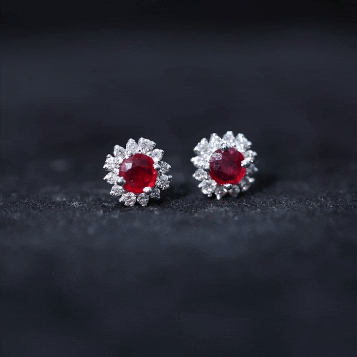 Genuine Ruby Stud Earrings with Diamond Halo