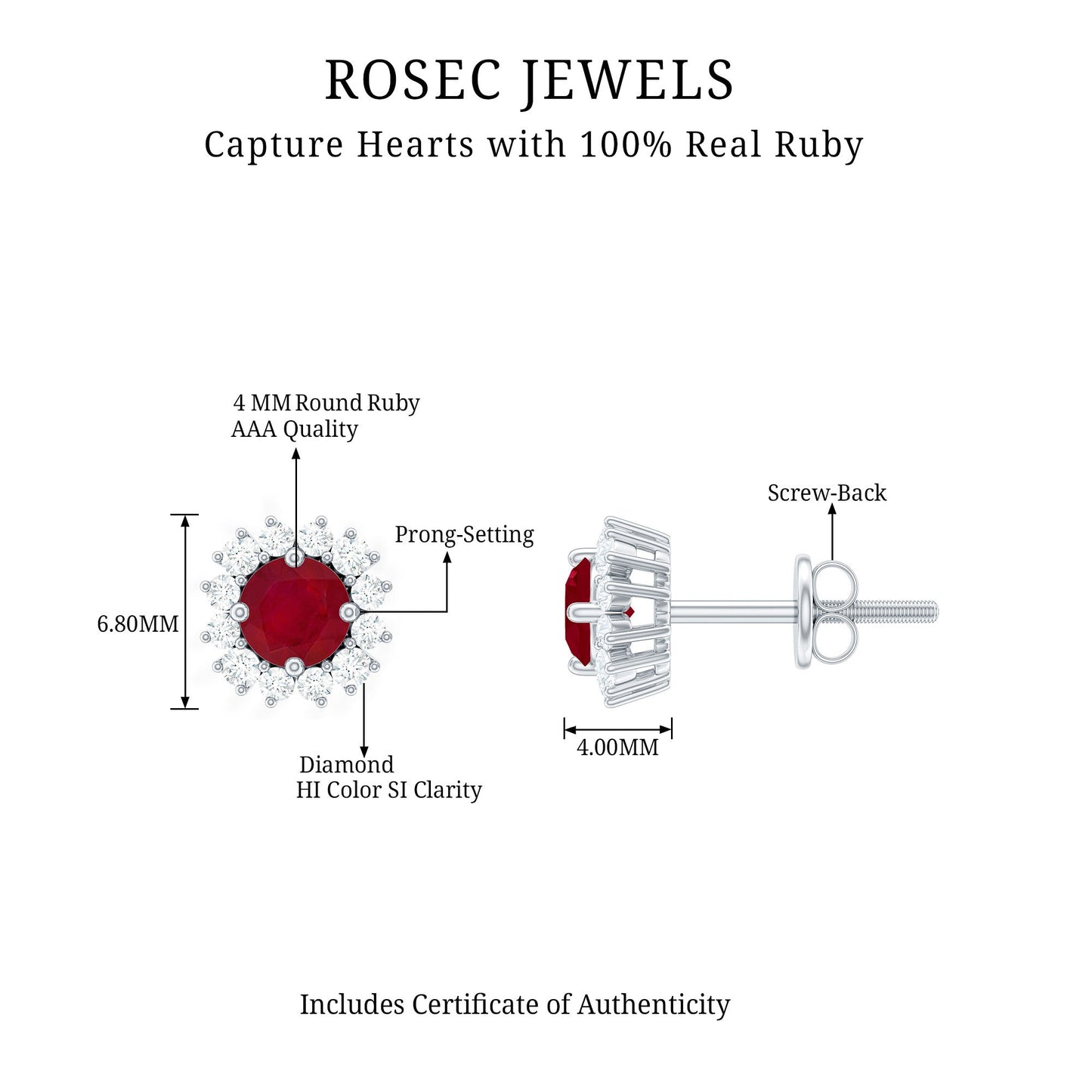 Genuine Ruby Stud Earrings with Diamond Halo