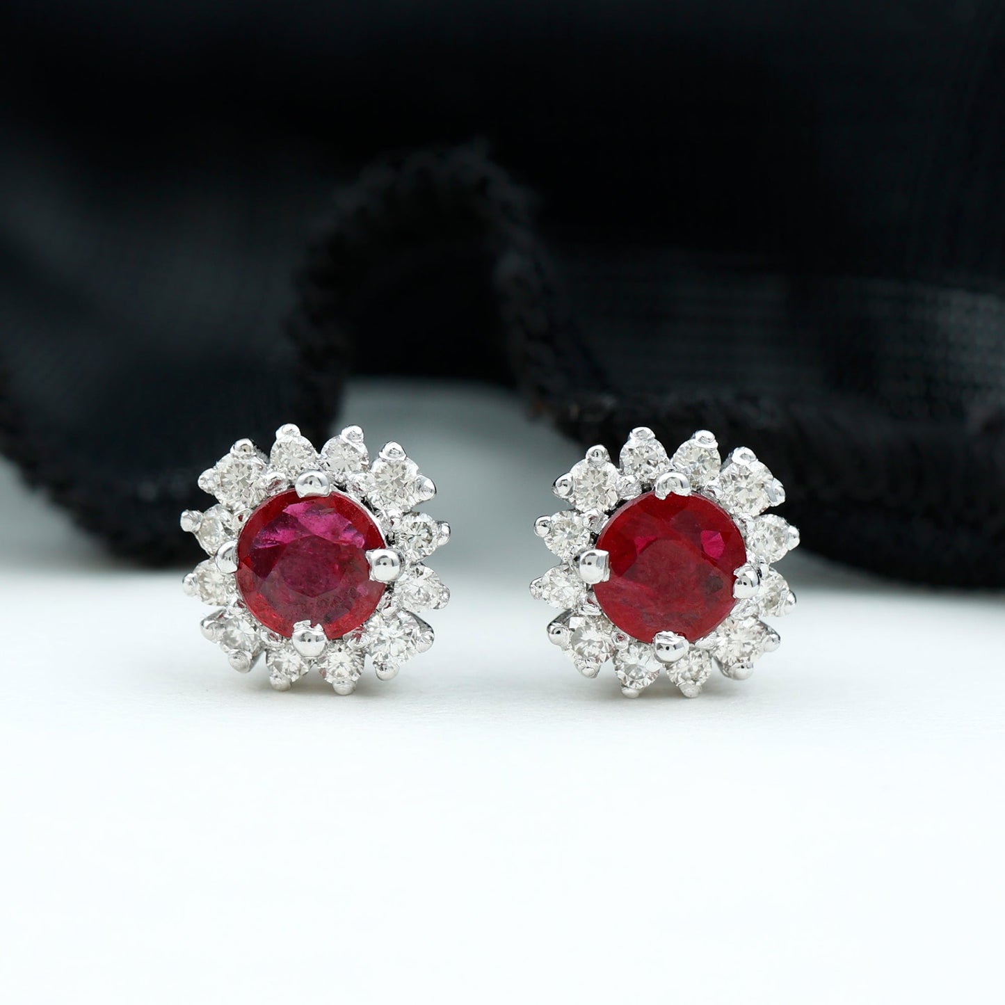 Genuine Ruby Stud Earrings with Diamond Halo