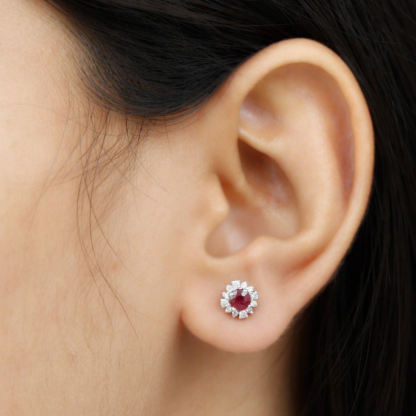 Genuine Ruby Stud Earrings with Diamond Halo