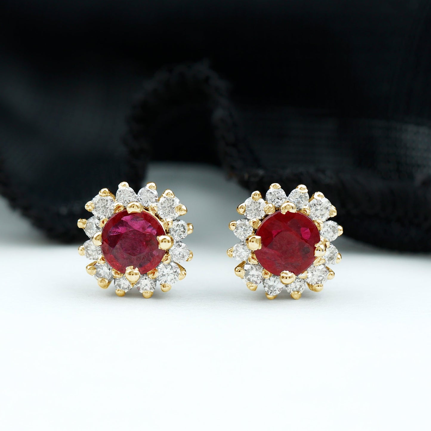 Genuine Ruby Stud Earrings with Diamond Halo