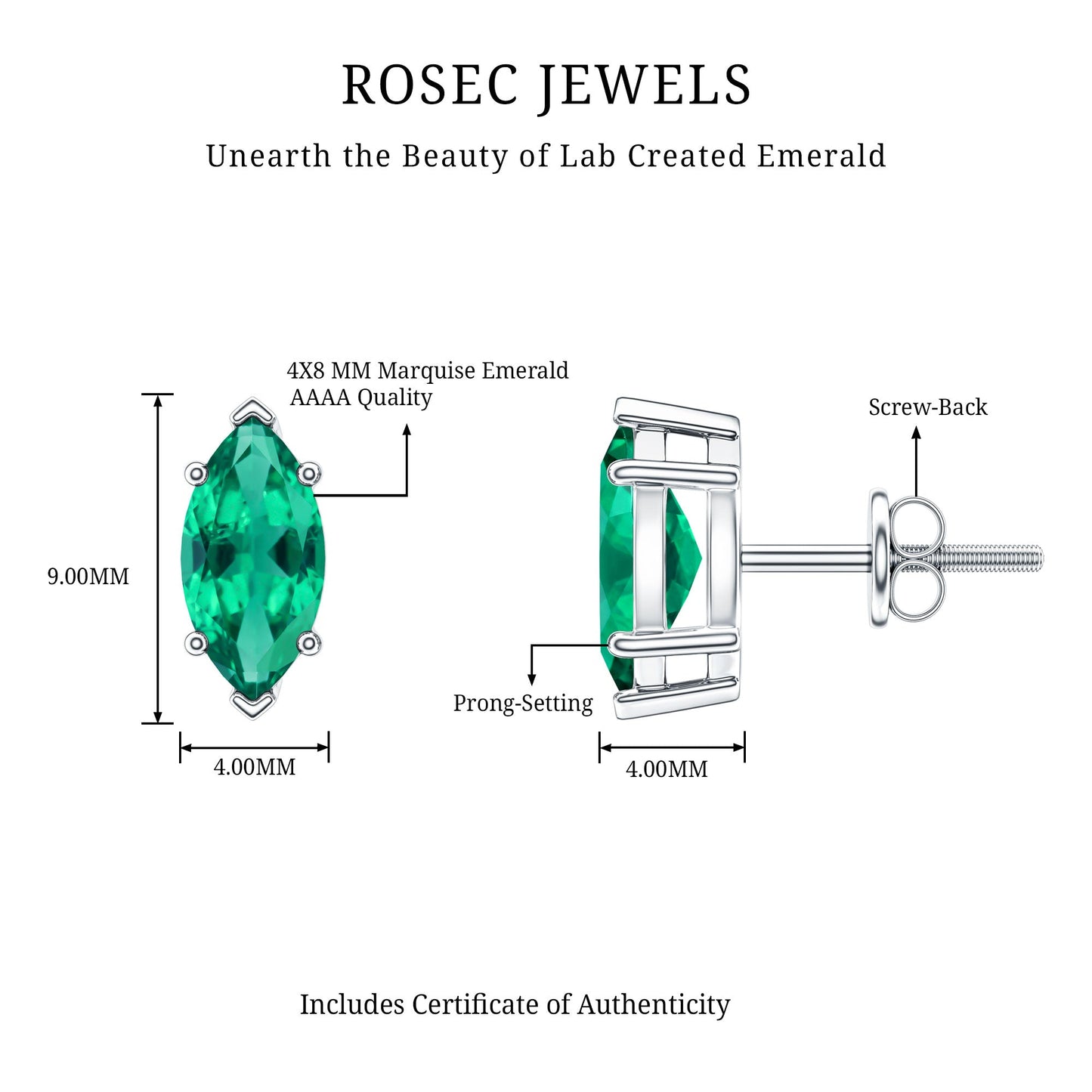 Marquise Cut 1.2 Carat Lab Created Emerald Solitaire Stud Earrings