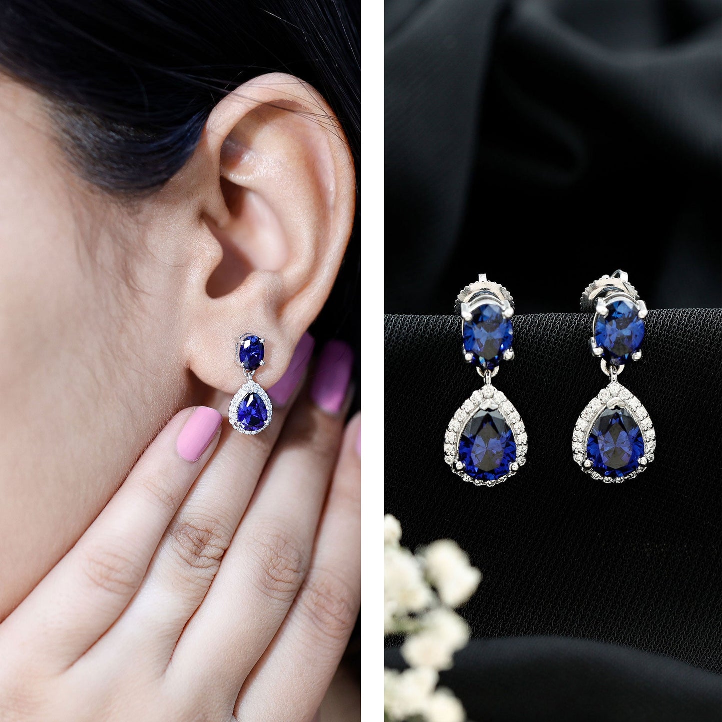 5 Carat Lab Grown Blue Sapphire Teardrop Earrings with Certificate