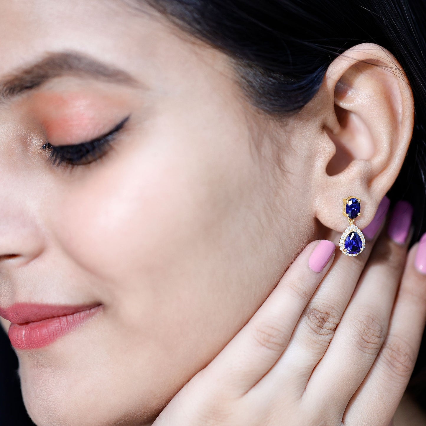 Lab Grown Blue Sapphire Bridal Dangle Earrings with Moissanite