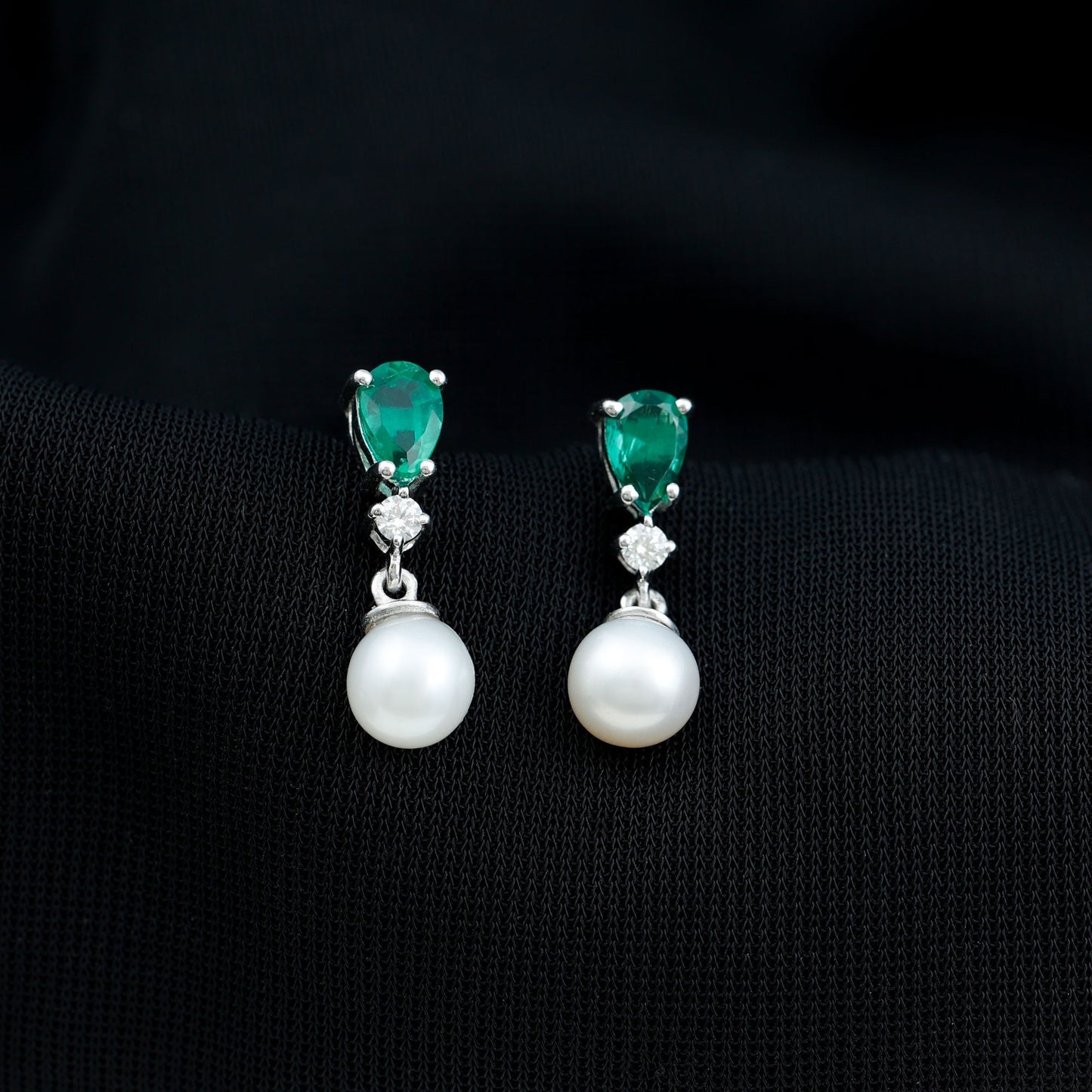 Freshwater Pearl Drop Dangle Earrings With Created Emerald