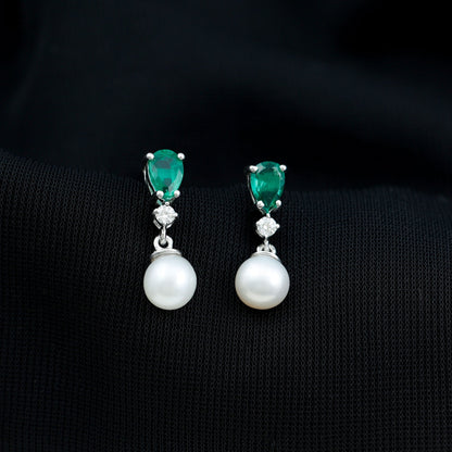 Freshwater Pearl Drop Dangle Earrings With Created Emerald