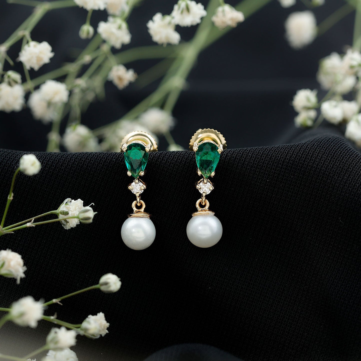 Freshwater Pearl Drop Dangle Earrings With Created Emerald