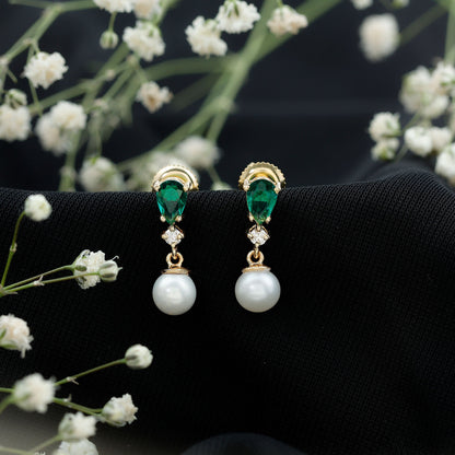 Freshwater Pearl Drop Dangle Earrings With Created Emerald