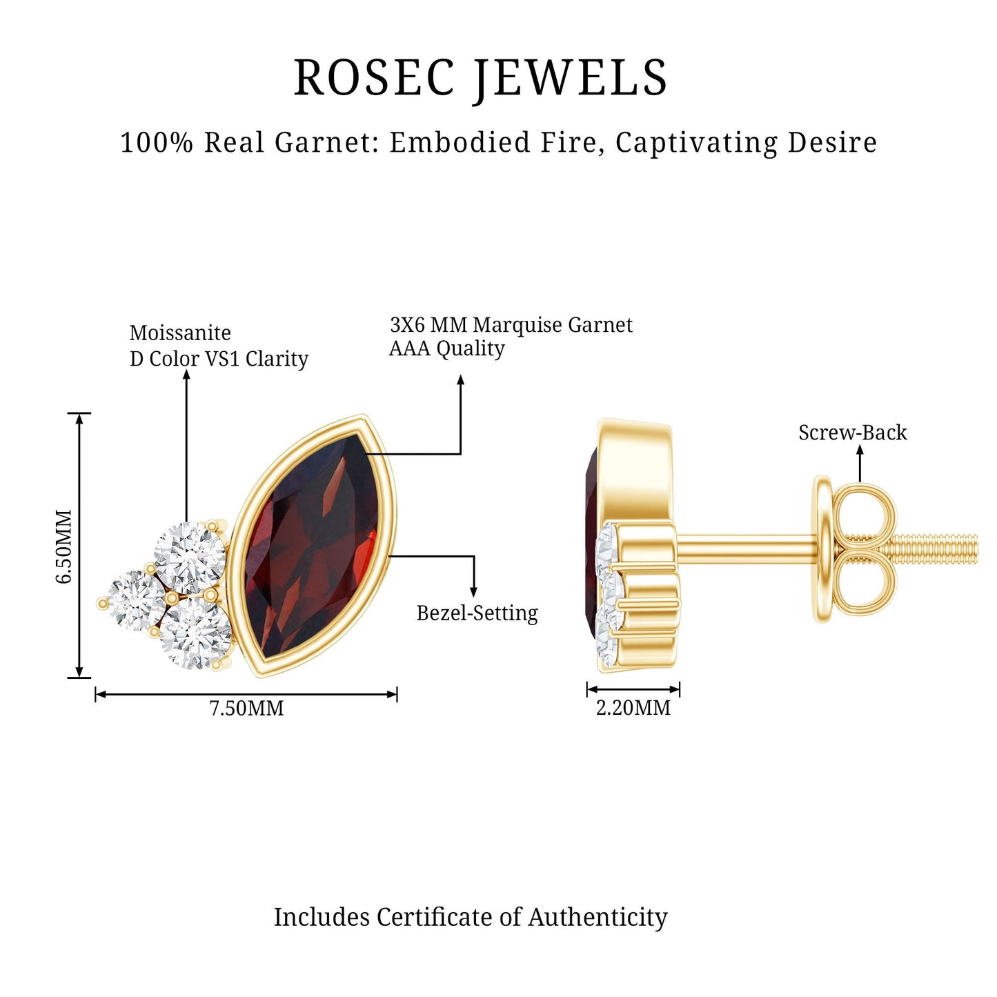 Natural Marquise Cut Garnet Stud Earrings with Certificate