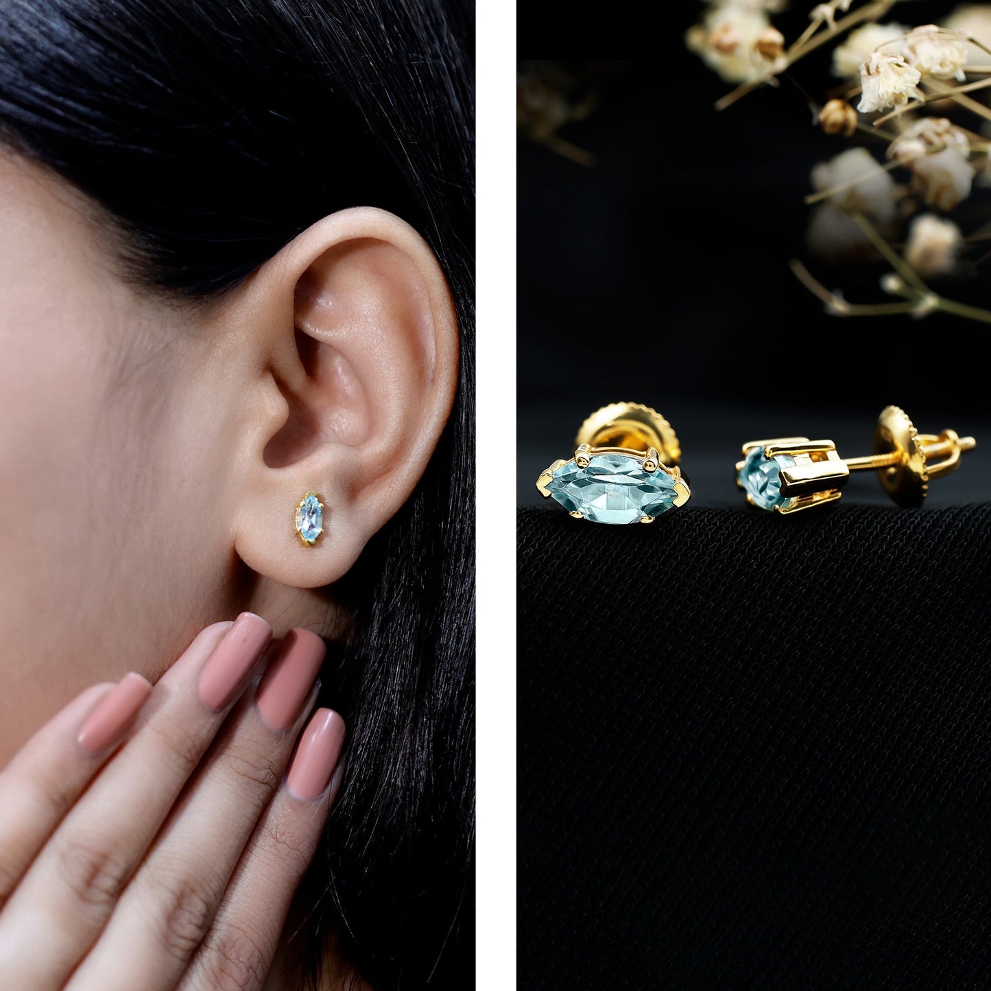 Natural 1.48 Carat Marquise Cut Sky Blue Topaz Stud Earrings with Certificate