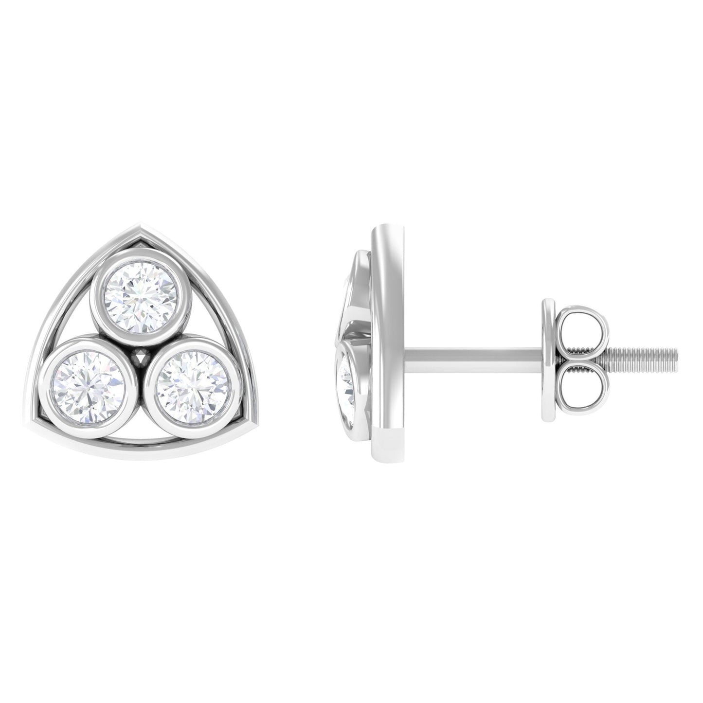 Bezel Set Round Diamond Three Stone Stud Earrings