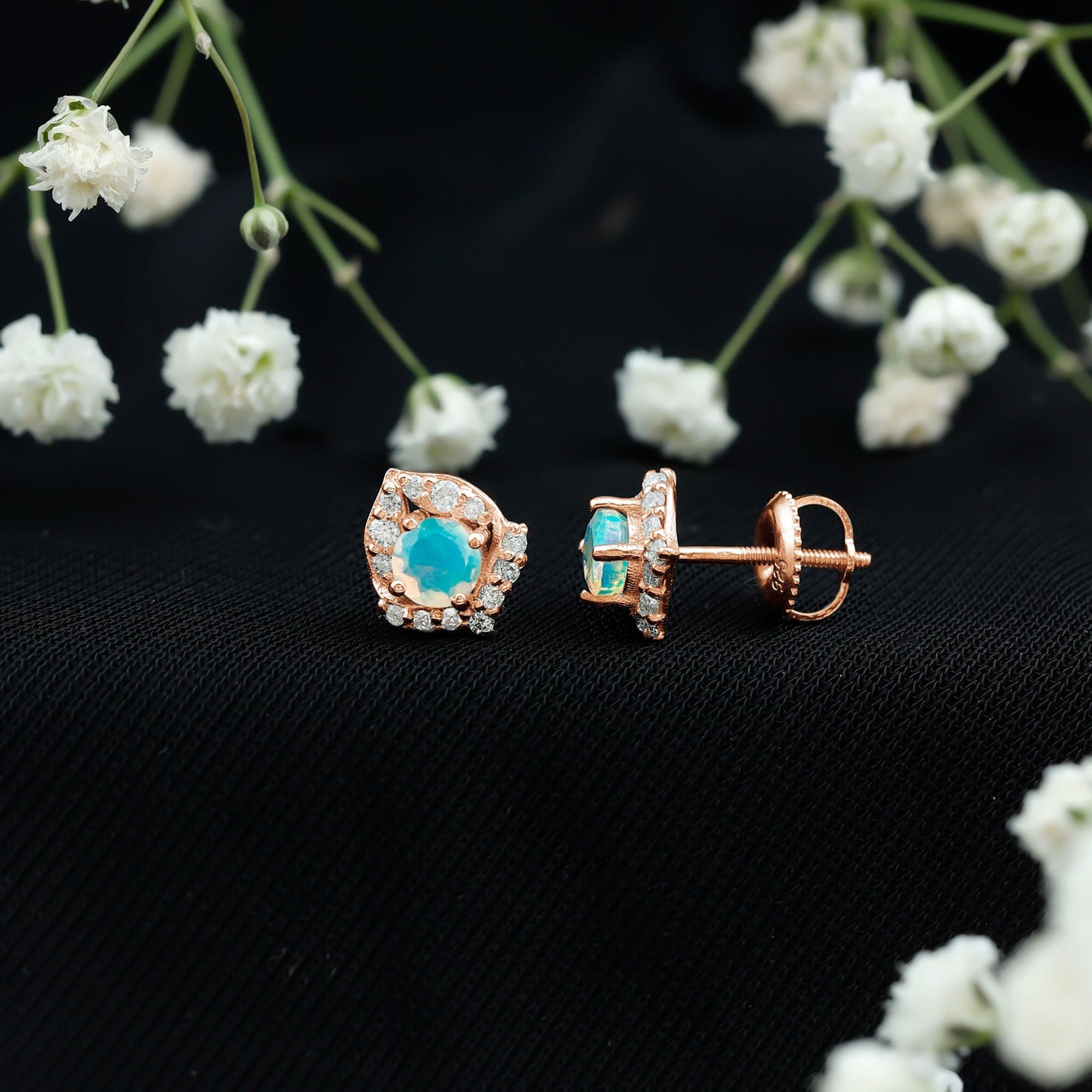 Vintage inspired Ethiopian Opal Stud Earrings with Diamond Accent