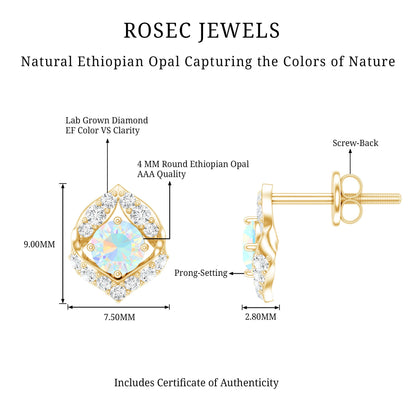 Vintage inspired Ethiopian Opal Stud Earrings with Diamond Accent