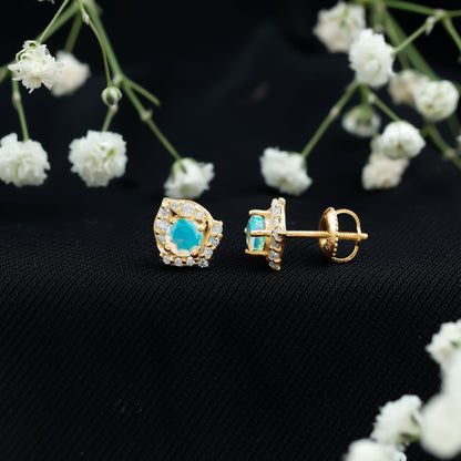 Vintage inspired Ethiopian Opal Stud Earrings with Diamond Accent