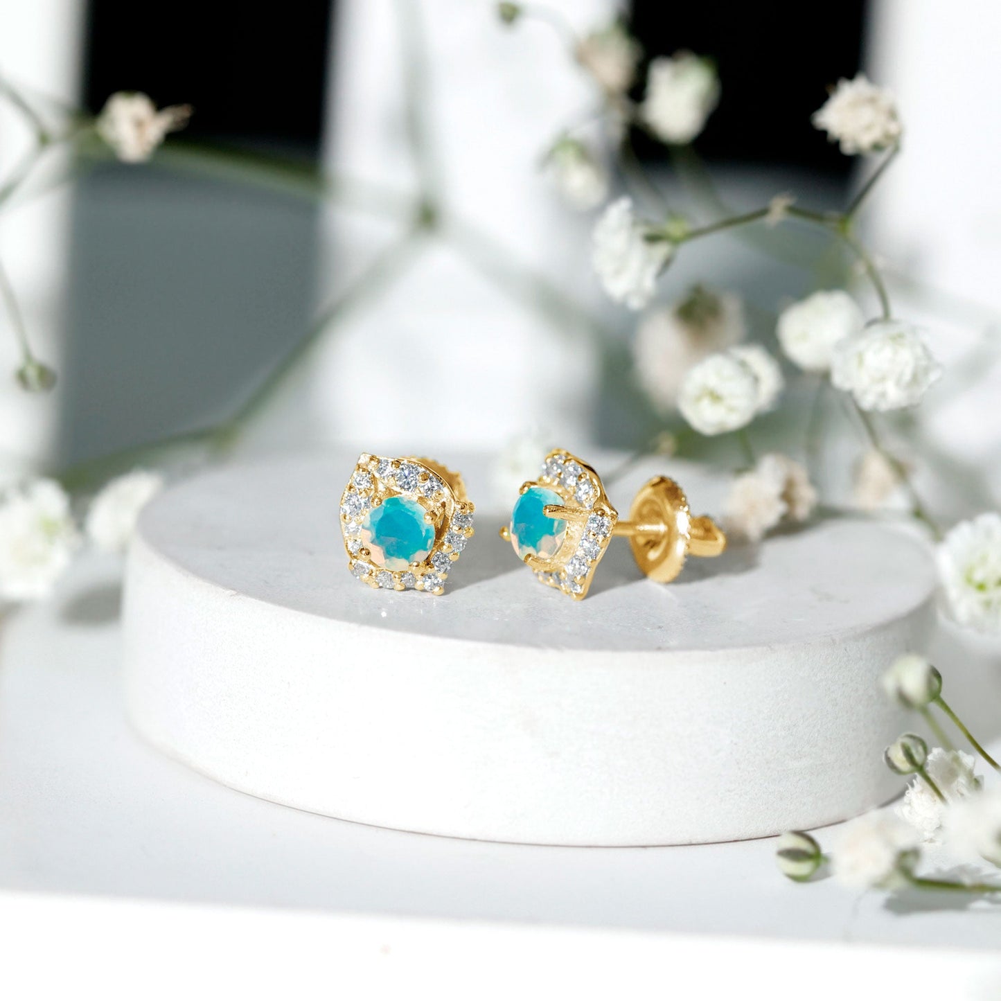 Vintage inspired Ethiopian Opal Stud Earrings with Diamond Accent