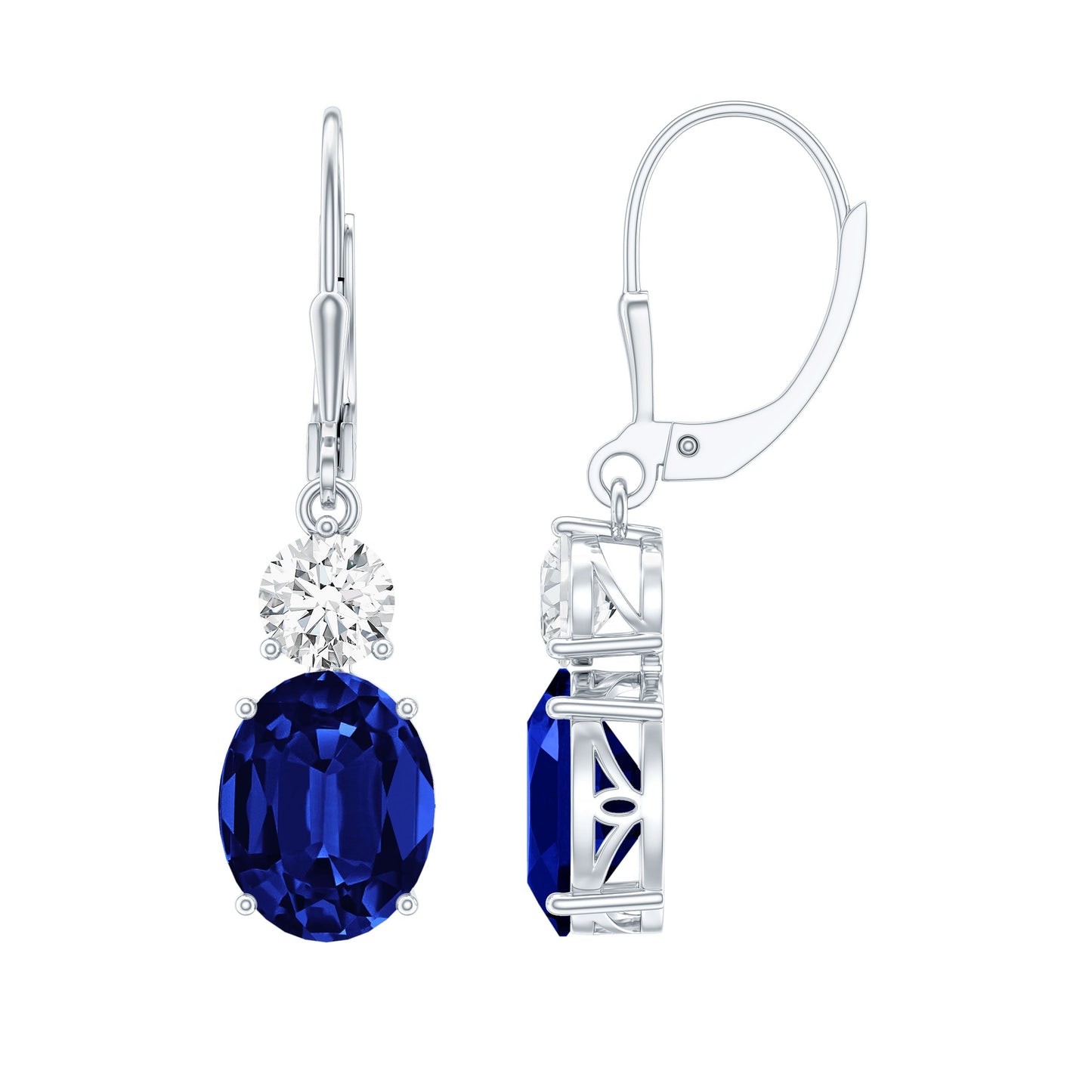 Lab Grown Blue Sapphire Drop Hoop Earrings with Moissanite